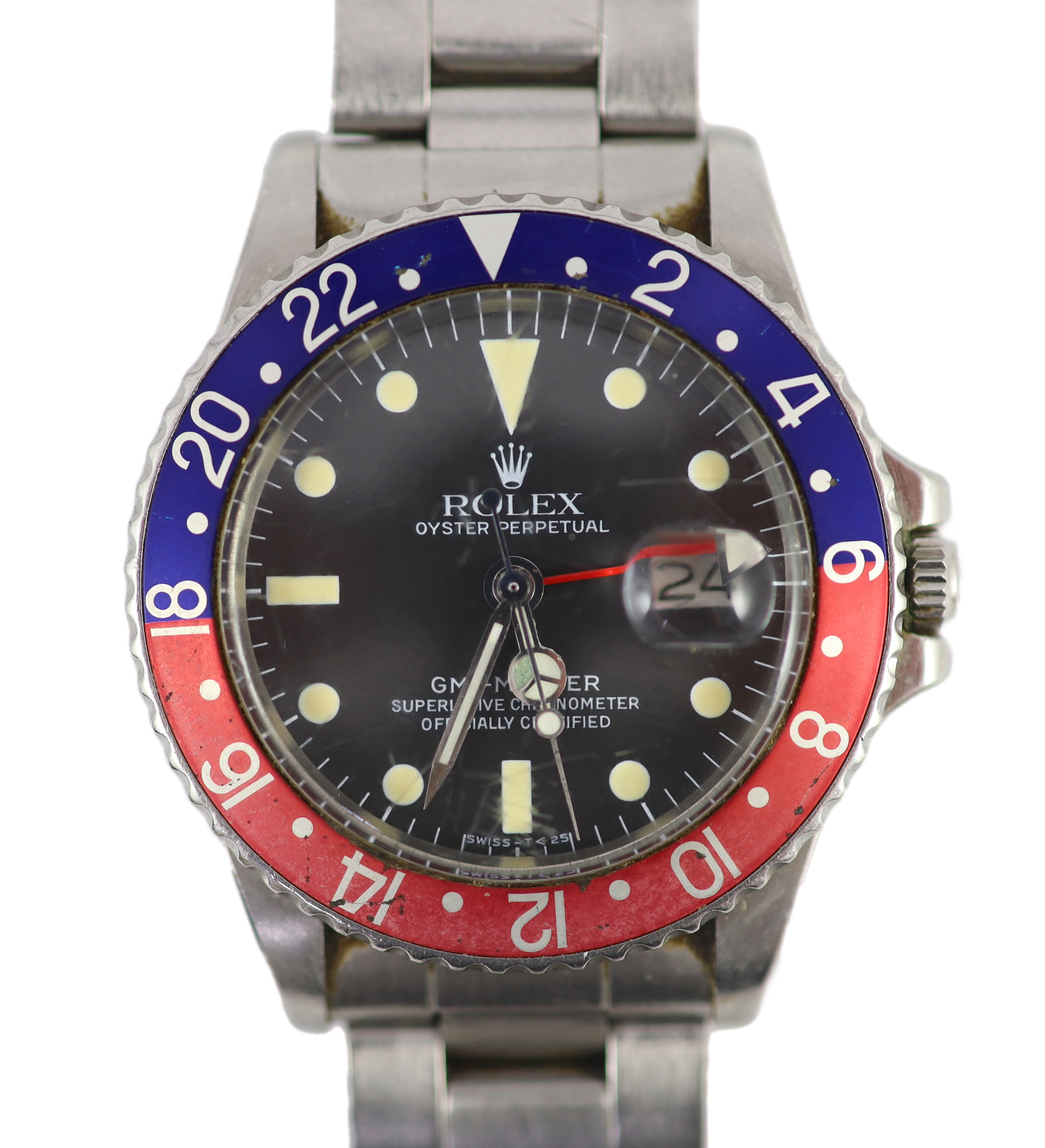 A gentleman's 1978 stainless steel Rolex Oyster Perpetual GMT-Master 'Pepsi bezel' wrist watch